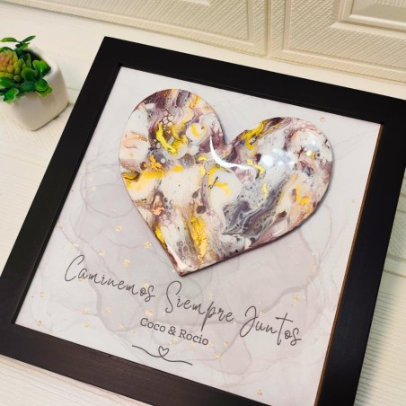 Cuadro de Arte Fluido en Forma de Corazón Dorado Personalizado